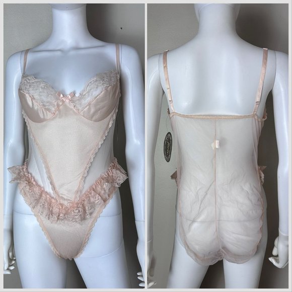 Vintage 1990s Sheer Pink Teddy Lingerie, Faris Size Medium, Deadstock